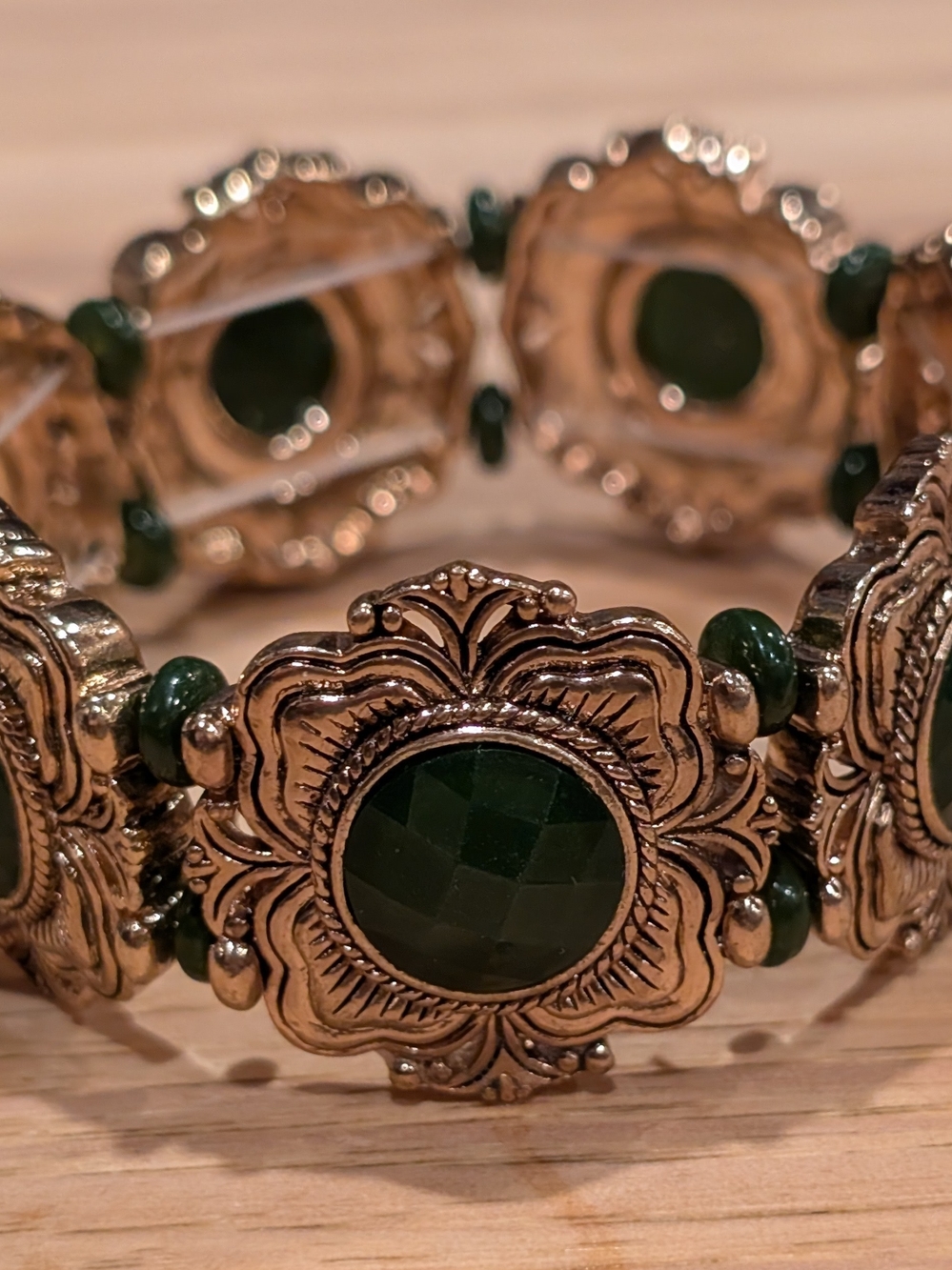 Green Stone And Goldtone Panel Stretch Statement Bracelet - Women Jewelry